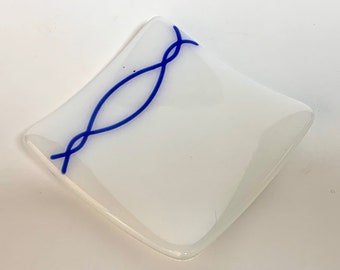 Fused Glass Trinket Dish 3" square - Blue Cable knit- MHG102