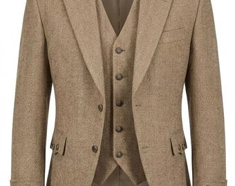 May include: A tan herringbone tweed blazer and matching vest set. The blazer features notched lapels, two flap pockets, shoulder epaulets, and three buttons on each sleeve cuff. The vest has a five-button front closure and a pointed hemline.