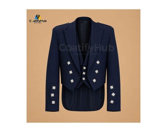 Chaqueta escocesa Prince Charlie para hombre con chaleco de 3 botones. Disponible en varios colores.