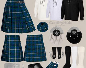 Men’s Scottish Highland Kilt Outfit – Handmade 10 Piece Stag Head Wedding Set – Traditional Tartan Kilt Package 40+ Tartan Colors Available.