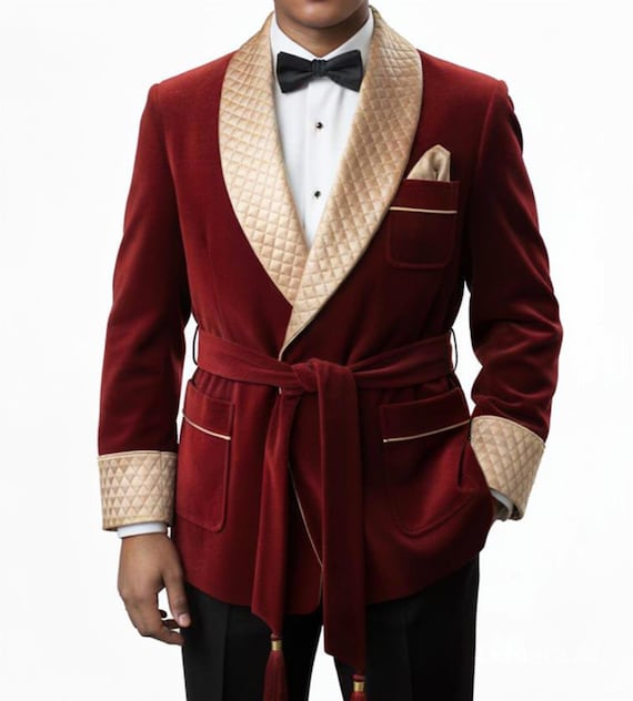 Men's Burgundy Velvet Dressing Gown