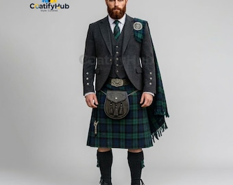 Conjunto de kilt escocés de tartán de 12 piezas para hombre / Chaqueta y chaleco Prince Charlie gris carbón / Conjunto completo de las Tierras Altas de Saint Andrew.
