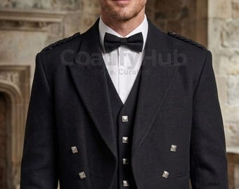 Scottish Handmade Prince Charlie Jacket With 5 Button Waistcoat - 6 Available Colors.