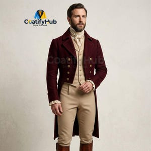 May include: A burgundy tailcoat with gold buttons, worn over a cream-coloured waistcoat and tan trousers. The outfit includes a white ruffled shirt and brown boots. The logo "CoatifyHub Style. Curated." is visible.