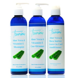 8.oz Tsunami wash & go bundle with shea butter aloe Vera and vitamin e shampoo conditioner and leave in conditioner | great for wash and go|