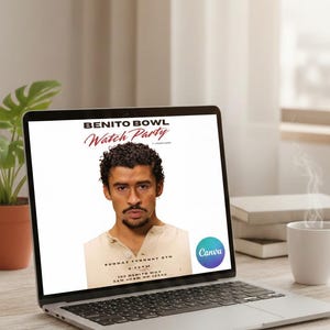 Pode incluir: Um laptop exibe um gráfico "Benito Bowl Watch Party". A imagem apresenta um retrato de um homem e detalhes do evento: domingo, 8 de fevereiro, 18h30, 100 Benito Way, San Juan, TX. O logotipo da Canva é visível.