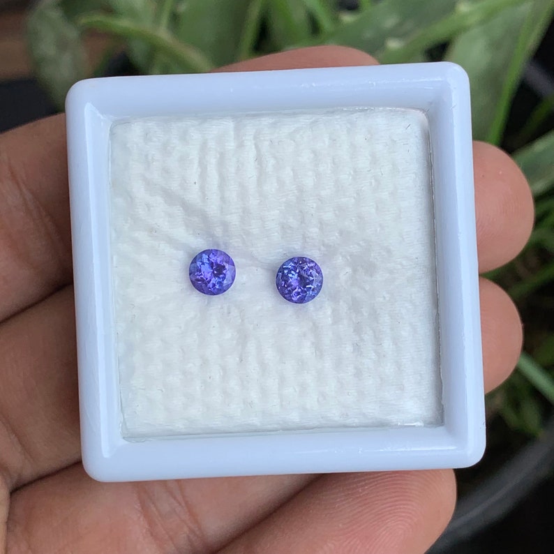 K&ouml;nnte beinhalten: Zwei kleine, runde, violette Edelsteine in einem wei&szlig;en, quadratischen Plastikbeh&auml;lter.
