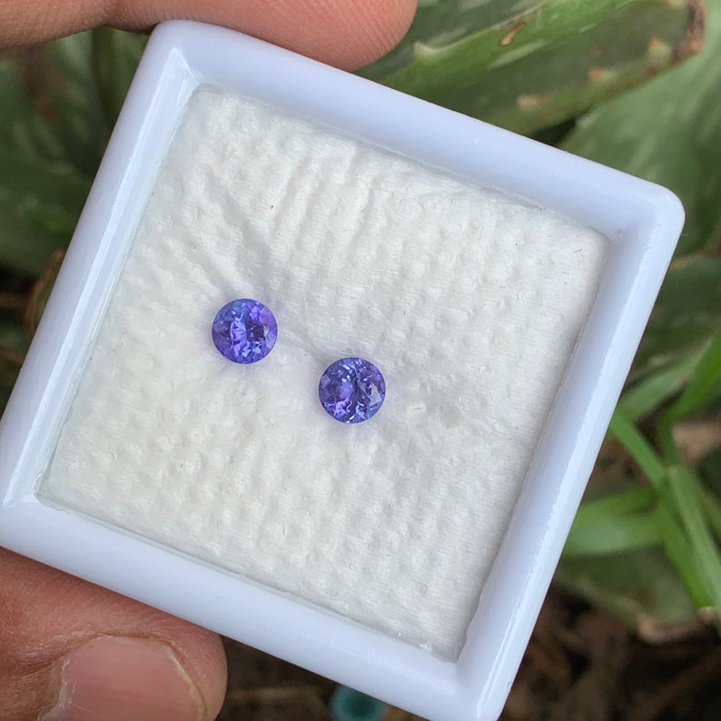K&ouml;nnte beinhalten: Zwei runde, violette Edelsteine in einer wei&szlig;en Schachtel. Die Edelsteine sind in runder Form gefasst und haben eine glatte, polierte Oberfl&auml;che.