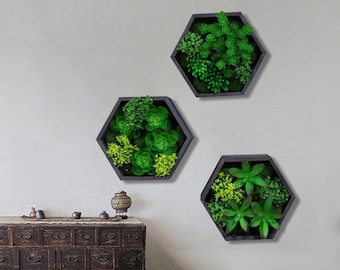 Hanging Succulent Gardens - Wooden Hexagon Succulent Wall Art, Hanging Wall Décor - Artificial Succulent Wall Art