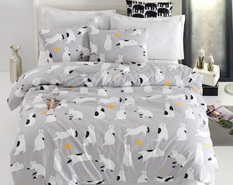 3D Cat Printed Bedding Set King Size Kids Teens Duvet Cover Cute Animal Theme Comforter Cover Lovely Cat Pattern Decor Bedspread Cover for