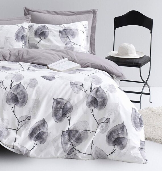 Gray Leaves 100 Cotton Queen Bedding Set / Queen Minimalist Etsy