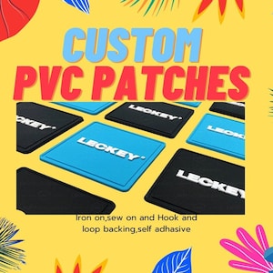 May include: Custom PVC patches with the text "LECKEY" in white lettering on a blue background. The patches are arranged in a grid pattern on a yellow background. The text "CUSTOM PVC PATCHES" is written in red and blue letters at the top of the image. The text "Iron on, sew on and Hook and loop backing, self adhesive" is written in black letters at the bottom of the image.