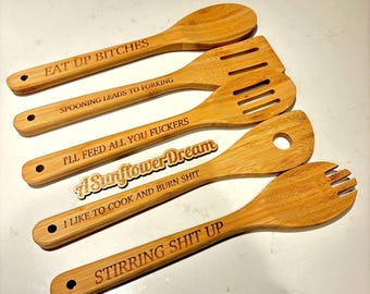 Divertido juego de utensilios de bambú grabados, decoración sarcástica para la cocina, regalo de inauguración de casa
