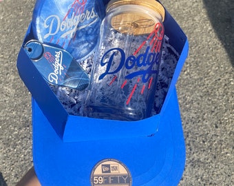 Dodgers Gift Set, Glass Can Cup, Keychain, Hat Box, Sports Fan