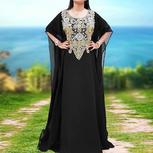 Black and Gold Free Size Women Kaftan Dress for wedding Moroccan Kaftan Dress Handemade Farasha Maxi Dress spring kaftan