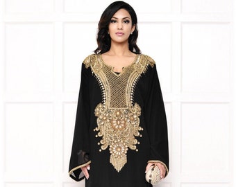 Kvinnor Svart och guld Kaftan Klänning Maxi Party Marockansk Farasha Kaftan dubai stil kaftan abaya bröllop morccon kaftan våren kaftan