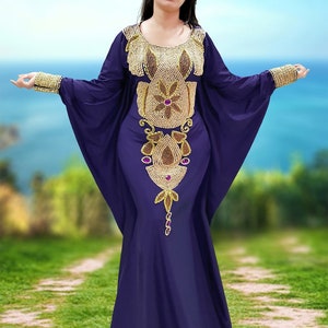 Women Blue and Gold women morocco kaftan dress Golden beaded handmade work african caftan Gown spring kaftan brown and gold kaftan