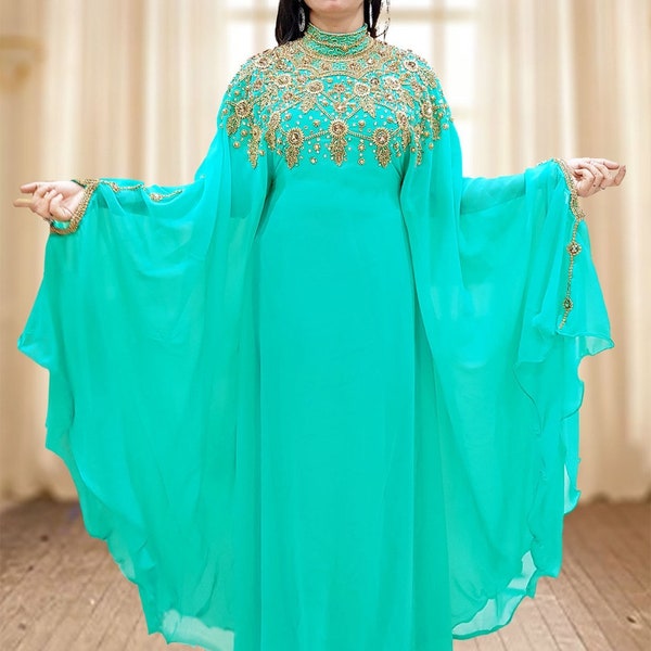 Sea Green and Gold Dubai Style Moroccan Kaftan women Dress with Muliple Color  Available Abaya African Beaded Dress Arabian islamic Wedding