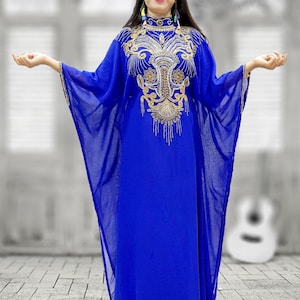 Blue and Gold Kaftan Dress for Women Moroccan Caftan Dress Handemade Beaded Work Gown Wedding Kaftan spring kaftan brown and gold kaftan