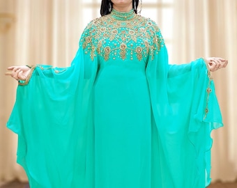 Mar Verde y Oro Dubai Estilo Marroquí Kaftan mujer Vestido con Muliple Color Disponible Abaya African Beaded Dress Arabian islamic Wedding