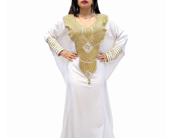 Mujeres blanco y oro africano caftán vestido para las mujeres marroquí caftan islámico abaya dubai estilo vestido de novia primavera kaftan