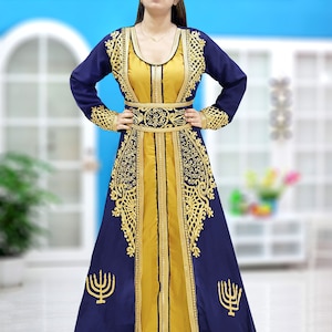 Dark blue and gold kaftan dress for women moroccan caftan Farasha Maxi takchita dress spring kaftan brown and gold kaftan