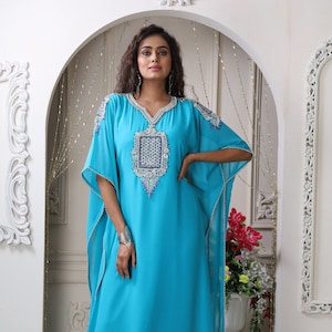 Firozi kaftan dress for women || dubai moroccan caftan || arabic abaya maxi hand beaded farasha wedding gown jalabiya dress