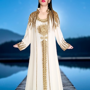 White and gold long wedding kaftan dress for women moroccan caftan Farasha Maxi takchita dress spring kaftan brown and gold kaftan