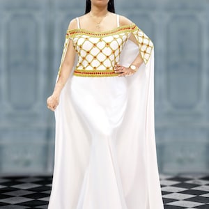 Women White and Gold Off Shoulder Long Cape Formal African Dress African Style Moroccan kaftan Dress with beaded work dubai caftan abaya