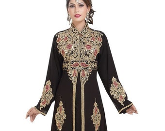 Svart Kaftanklänning för kvinnor, marockansk farasha-kaftan, abaya för bröllop, vårkaftan, svart, marockansk kaftan, klänning för fest, marockansk kaftan