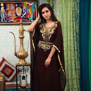 Women brown and gold beaded kaftan dressess for african hebrew israelite clothing