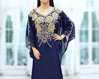 Navy Blue and Gold Dubai Kaftan Dress for Woman Party Wedding