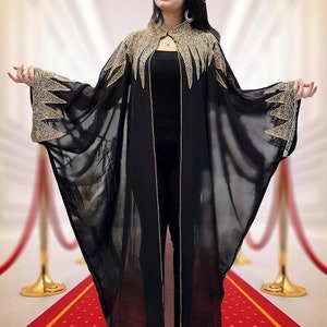 Women Black and gold Crystal Beaded Pearls Bridal Cover Up Long Chiffon Party Womens Shrugs kaftan african moroccan caftan dress