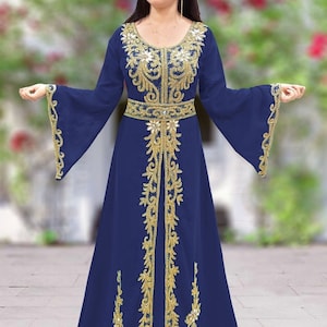 African Dark blue and gold kaftan dress for women moroccan caftan Farasha Maxi takchita dress spring kaftan brown and gold kaftan