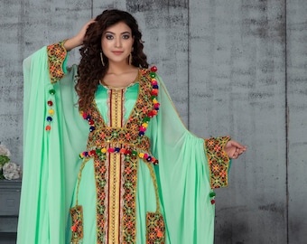 Boda verde menta Estilo Dubai Mujeres marroquíes vestido kaftan primavera kaftan marrón y dorado kaftan