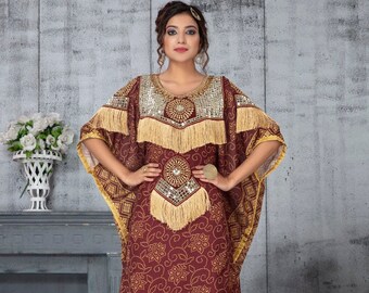 Maroon Dubai Hochzeit Marokkanische Frauen Kaftankleid Frühling Kaftan braun und gold kaftan