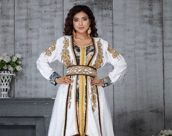 White and Gold Printed Wedding Moroccan Women Kaftan Dress White and Gold Printed Wedding Moroccan Women Kaftan Dress