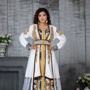 White and Gold Printed Wedding Moroccan women kaftan dress spring kaftan brown and gold kaftan