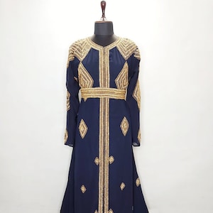 Dark blue and gold kaftan dress for women moroccan caftan Farasha Maxi takchita dress spring kaftan brown and gold kaftan