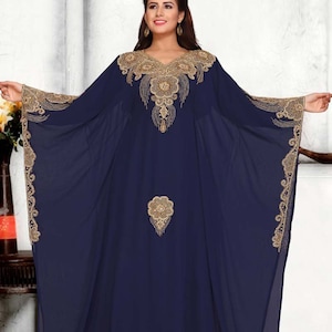 Free Size Women Blue Kaftan Dress Maxi Party Moroccan Farasha Caftan dubai style caftan abaya wedding morccon kaftan dresses spring kaftan