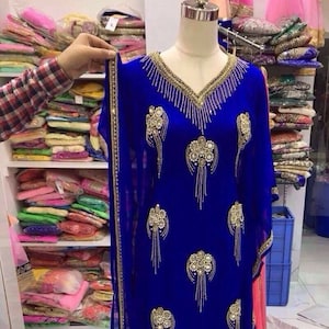 Women Blue and Gold Kaftan Dress Maxi Party Moroccan Farasha Caftan dubai style caftan abaya wedding morccon kaftan spring kaftan