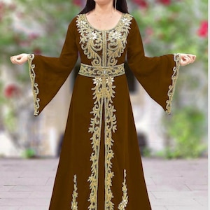 Brown and gold moroccan caftan dress for women brown garment