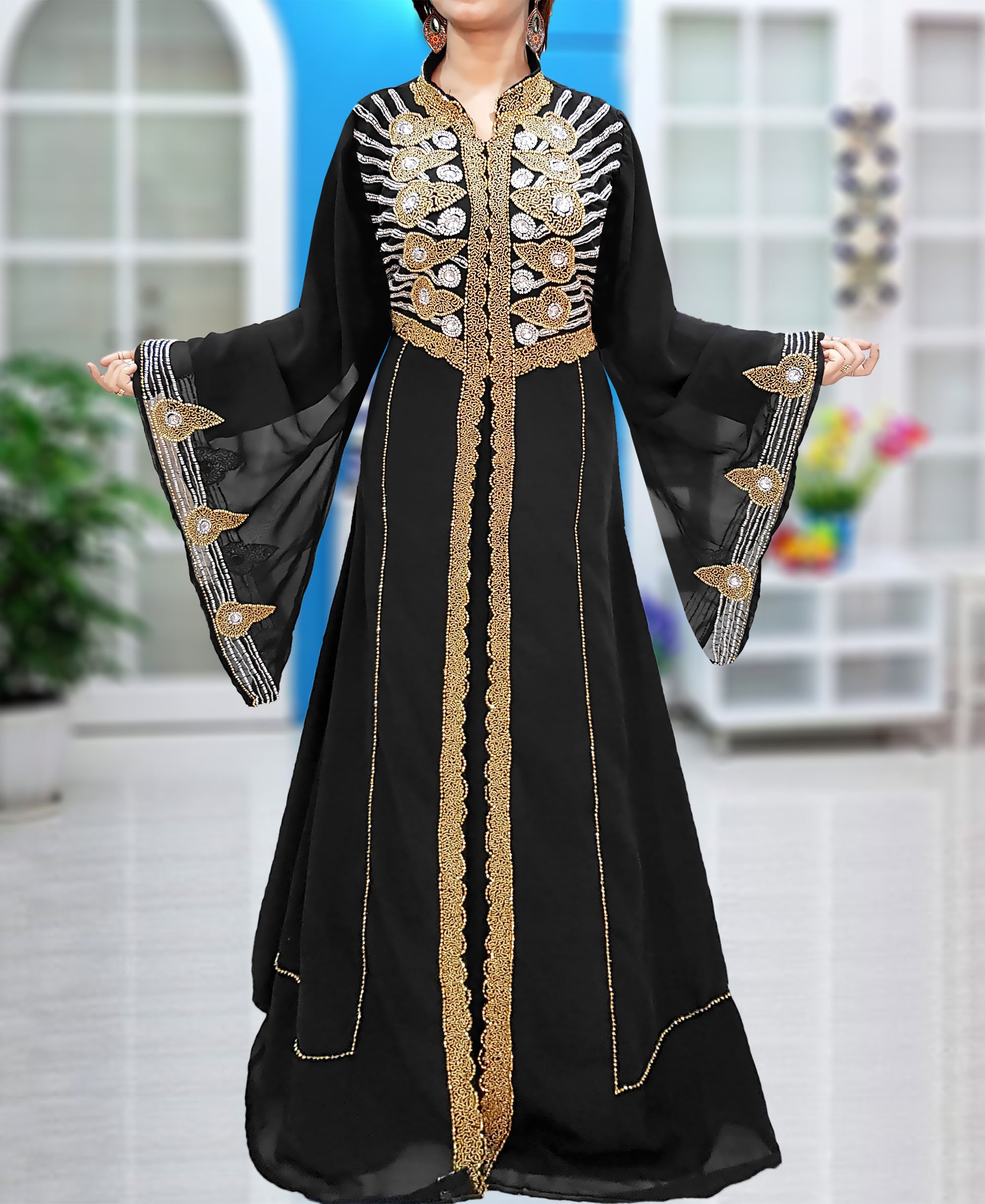slim fit dress slacks Emerald Gold Applique Fringed Embellished Hijab Henna Party Dress