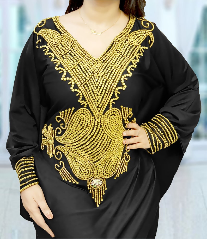 Elegant Black Two-Piece Kaftan Set with Embroidered Dress and Gold Embellishments