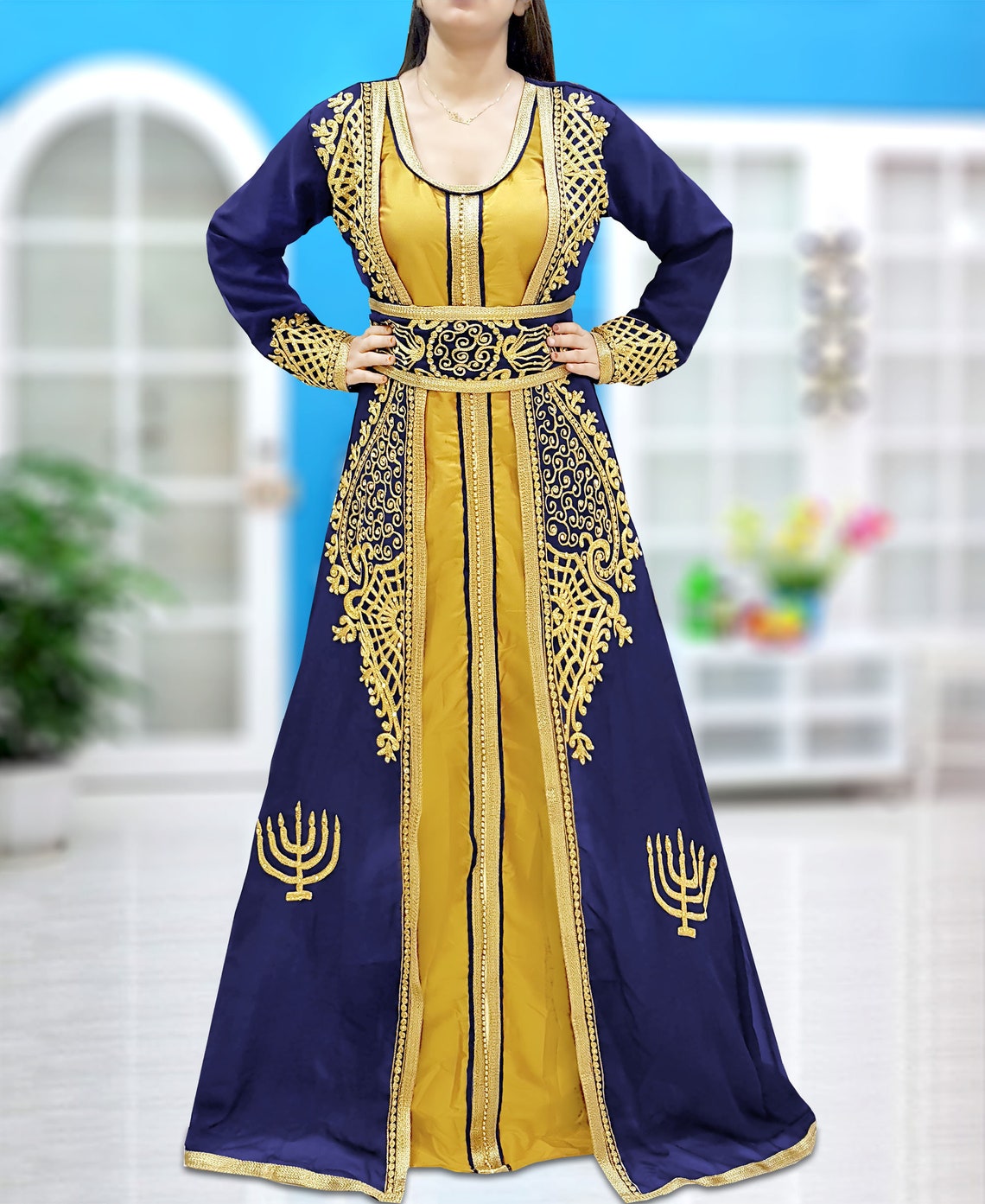 Victoria long Kaftan - Floral Diamonds - Dark Blue