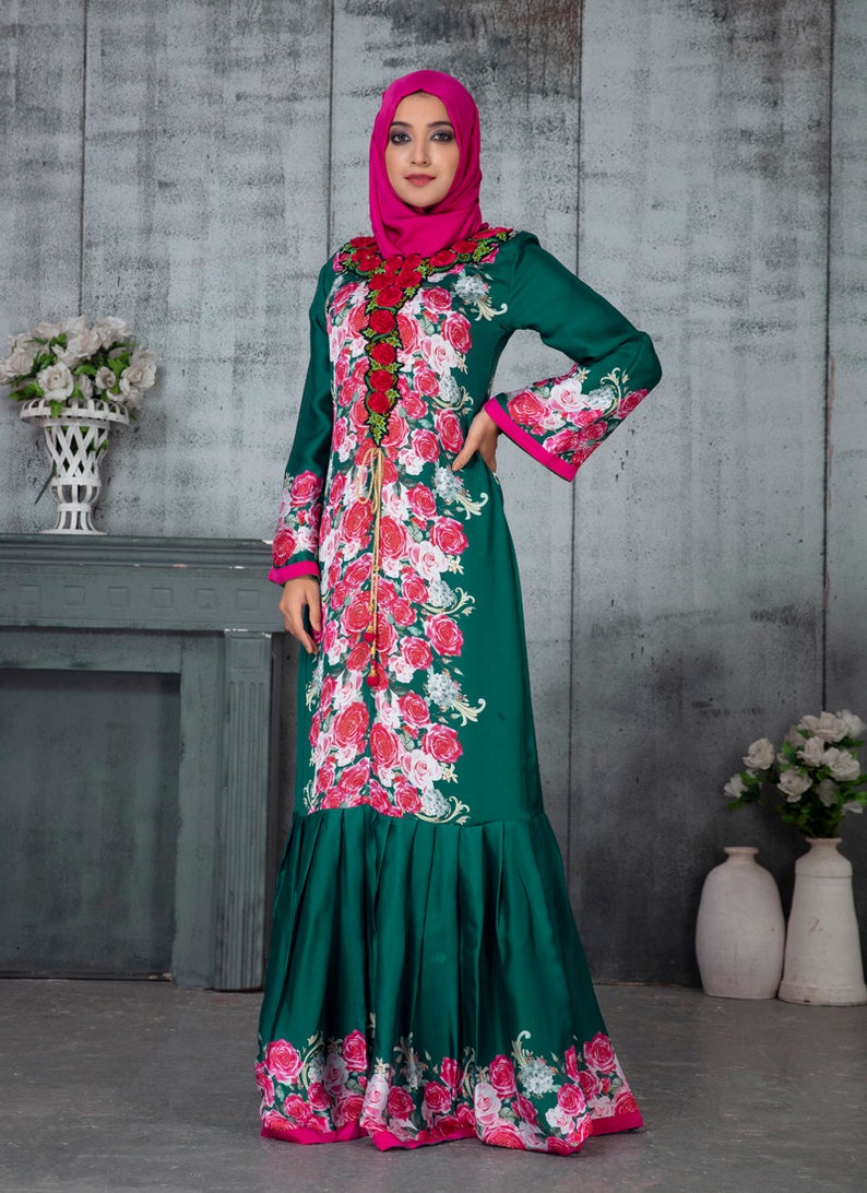Dark green and pink Arabic Evening Abaya Dress