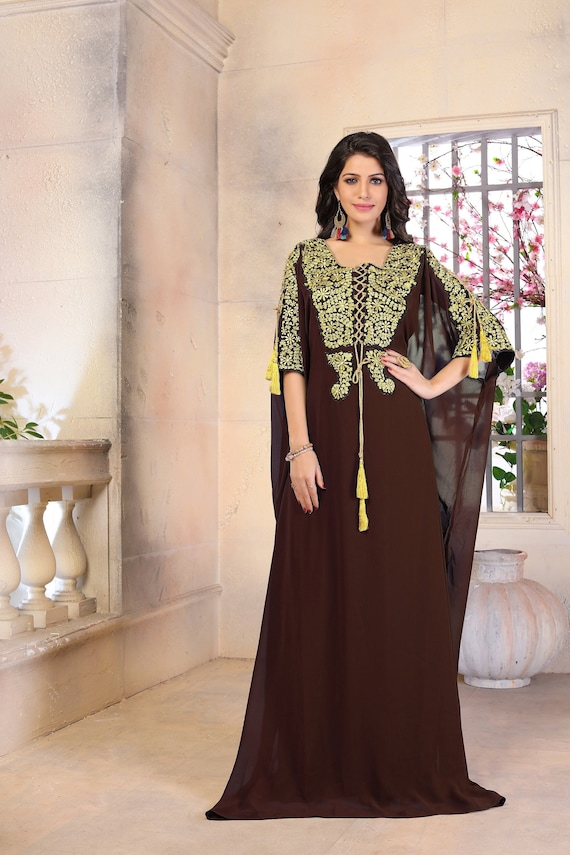Brown and Gold Moroccan women kaftan dress spring caftan Brown and Gold Moroccan women kaftan dress spring caftan