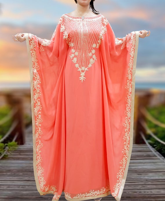 S4LIU Women's Blue Embroidered Maxi Abaya Dress - Long Sleeve Muslim Kaftan Caftan For Summer
