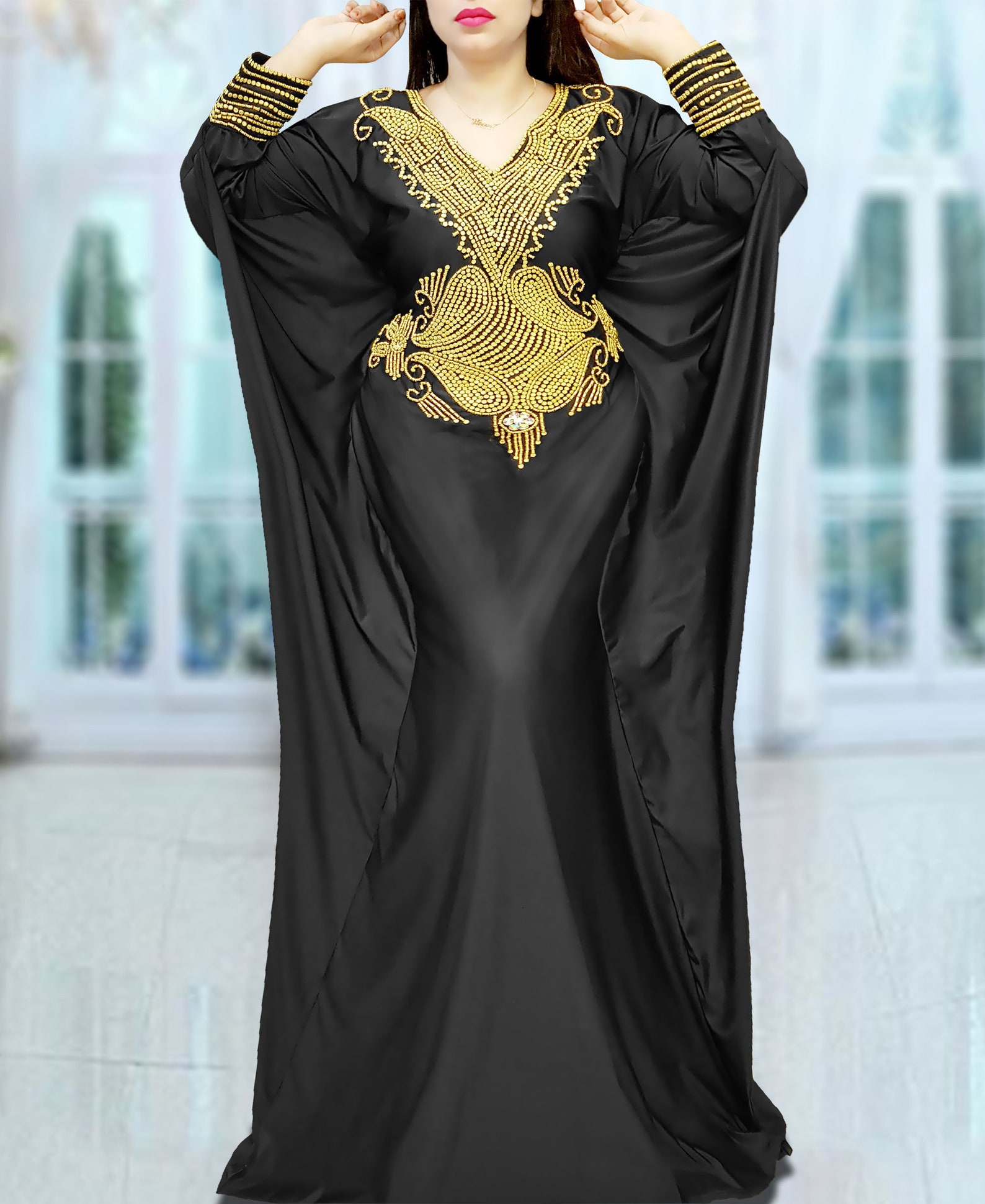 Black & Gold Printed  Kaftan Gown