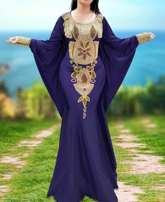 Women Blue and Gold Women morocco kaftan dress Golden beaded handmade work african caftan Gown spring kaftan brown and Gold kaftan